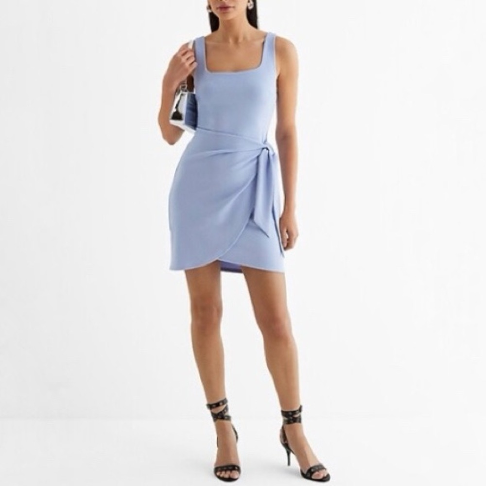 Express Sleeveless Tie Wrap Mini Sheath Dress Size S Blue Silver Wedding Guest